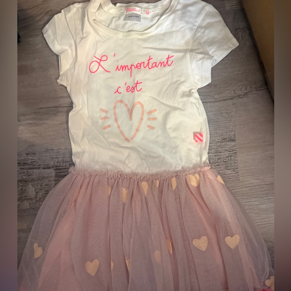 Billieblush White Tee Tulle Dress with Pink Logo Detail